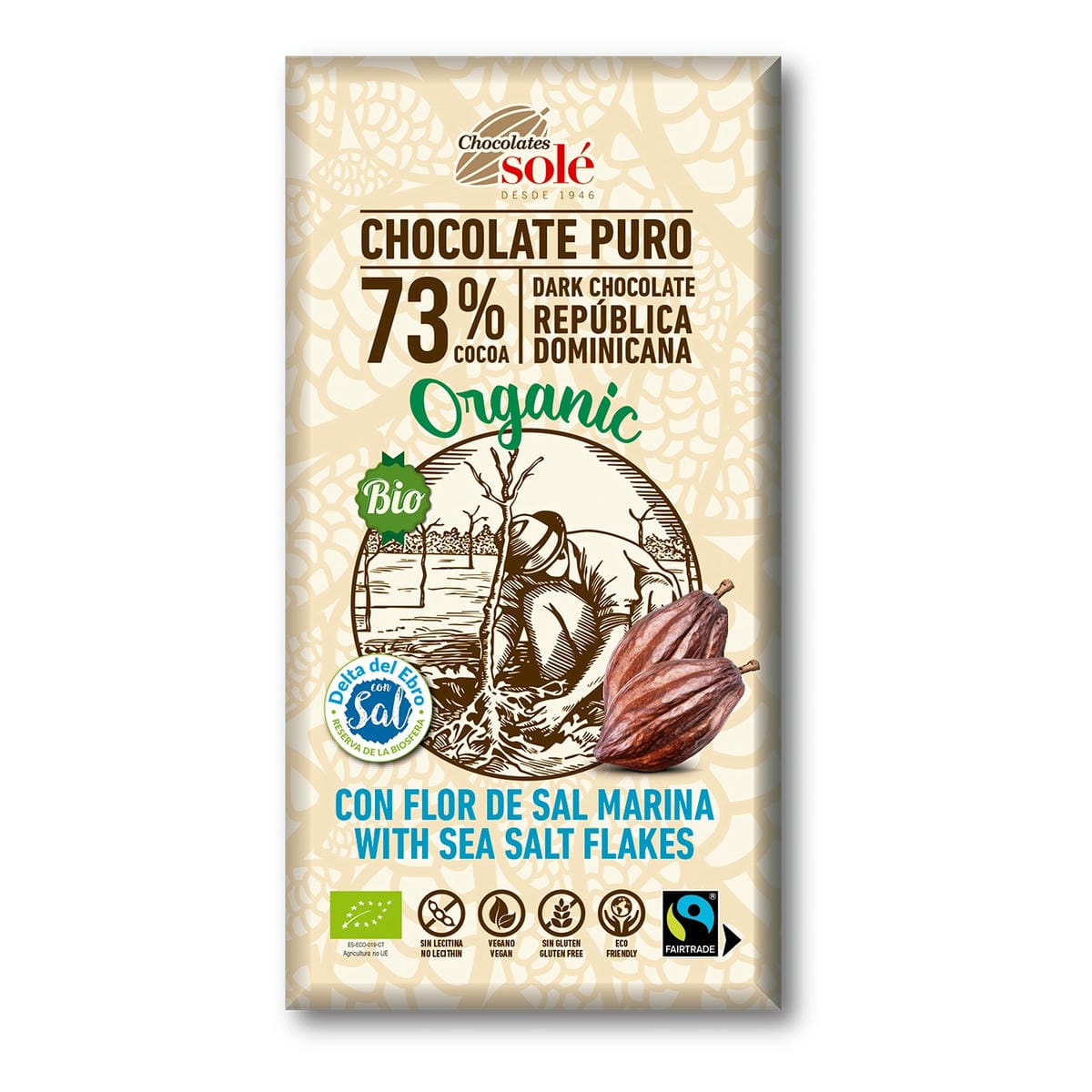 Chocolate ORGANICO Sole 73% cacao CON SAL MARINA