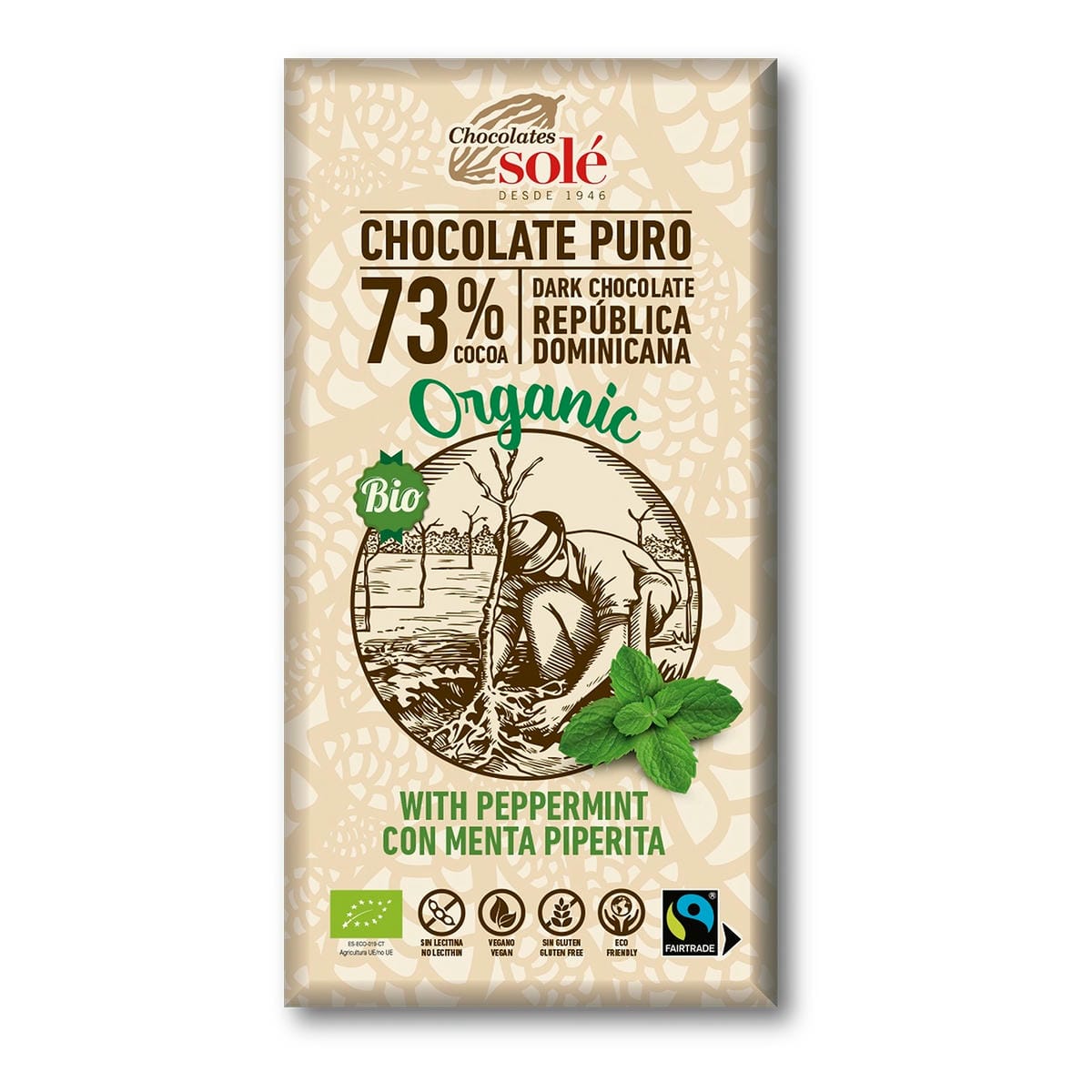 Chocolate ORGANICO Sole 73% cacao CON MENTA