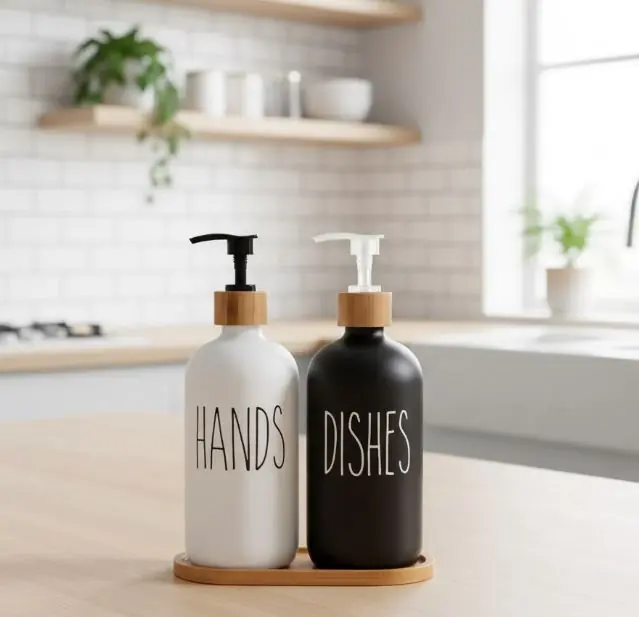 Set 2 dispensadores de vidrio con bandeja de bamboo