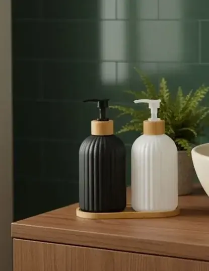 Dispensadores De Vidrio,baño con bandeja bamboo rayas