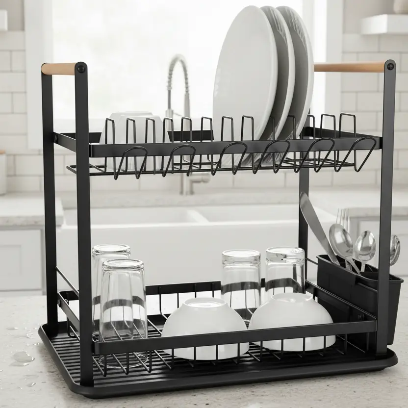 Escurridor De Platos Negro 2 Pisos Madera Hudson Cocina