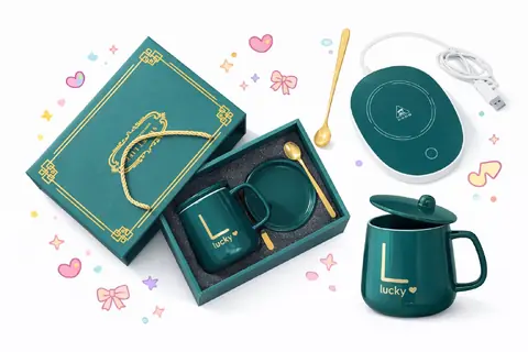 TAZA PREMIUM “LUCKY” VERDE CON CALENTADOR ELÉCTRICO + SET DE REGALO ELEGANTE
