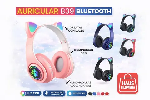 AURICULAR BLUETOOTH B39 LED -  CON OREJITAS CON LUCES LED RGB