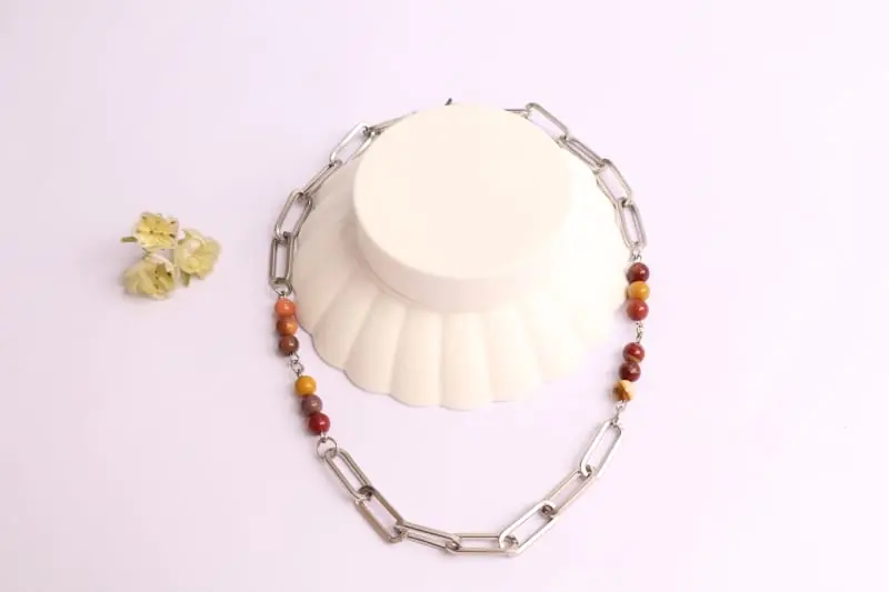 COLLAR CADENA ACERO Y JASPE MOKAITA