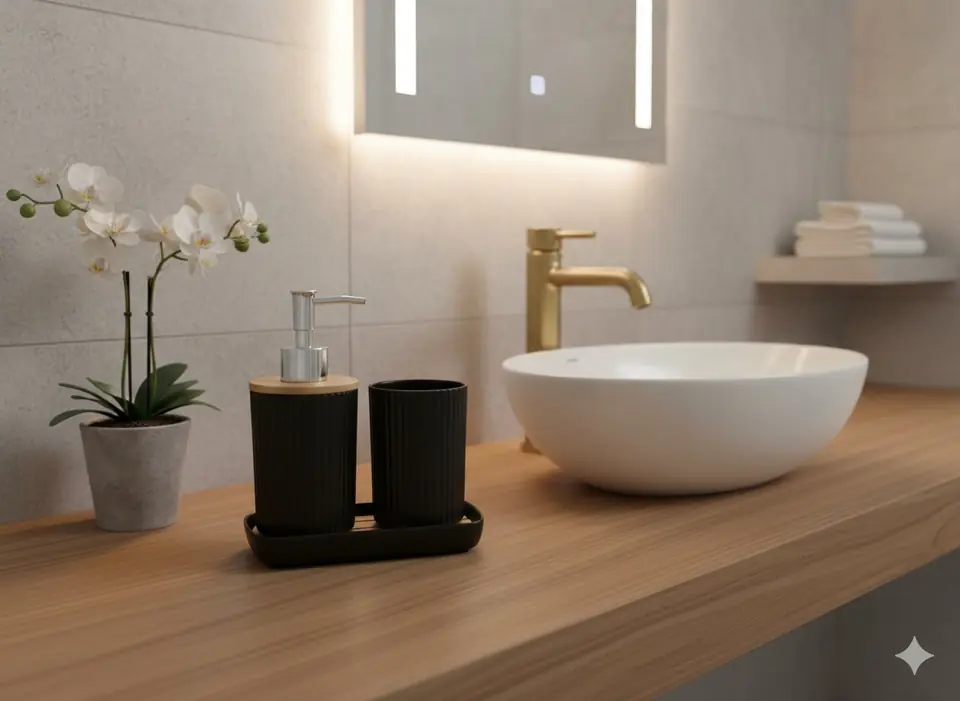 Set de baño 3 piezas - Dispensador de jabón, vaso multiuso y bandeja