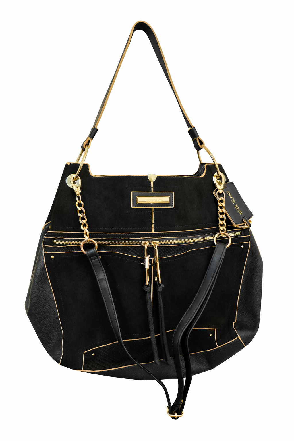 Cartera negra con detalles dorados