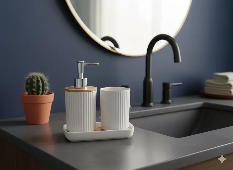 Set de baño 3 piezas - Dispensador de jabón, vaso multiuso y bandeja