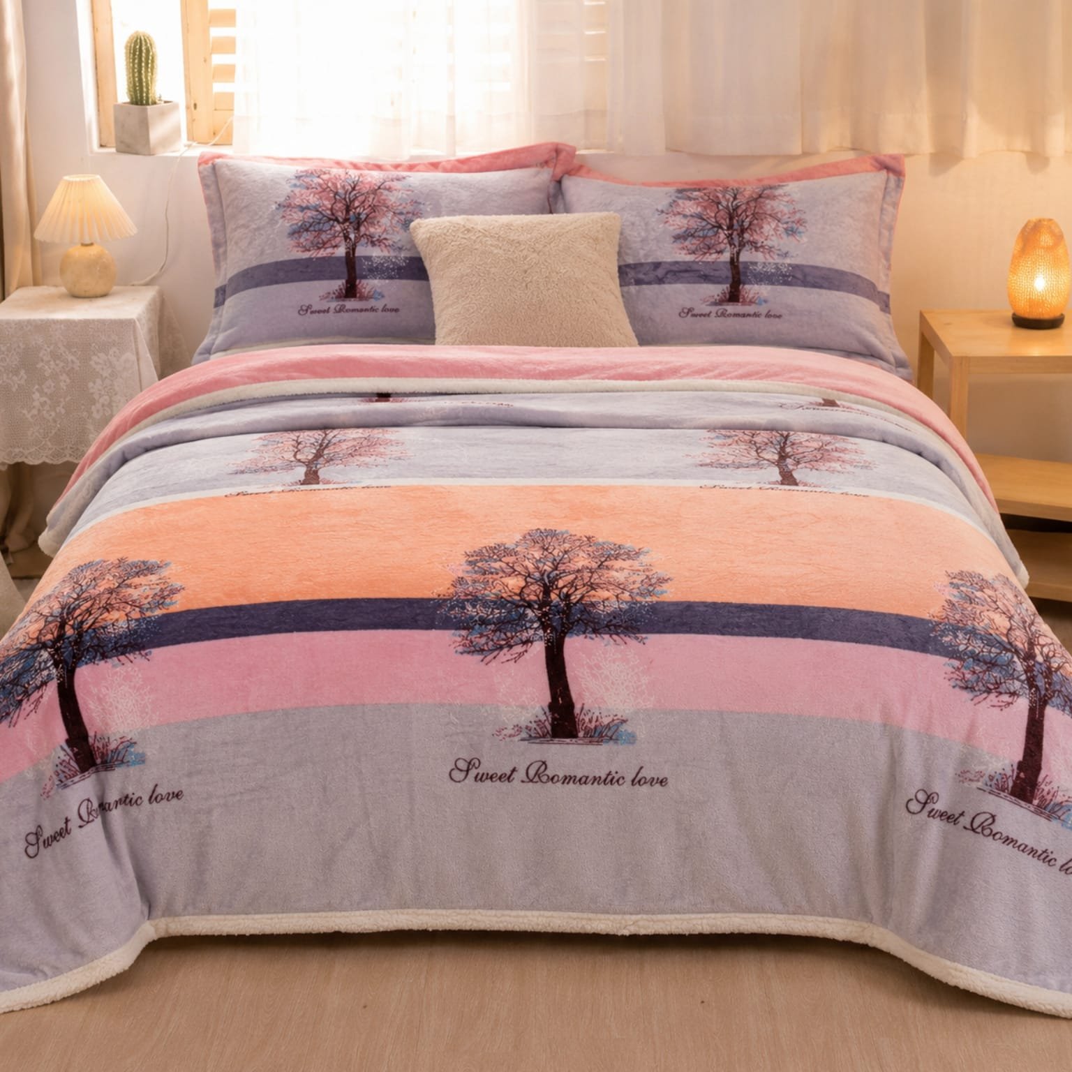 Acolchado forrado con corderito 2 plazas con diseño + 2 fundas