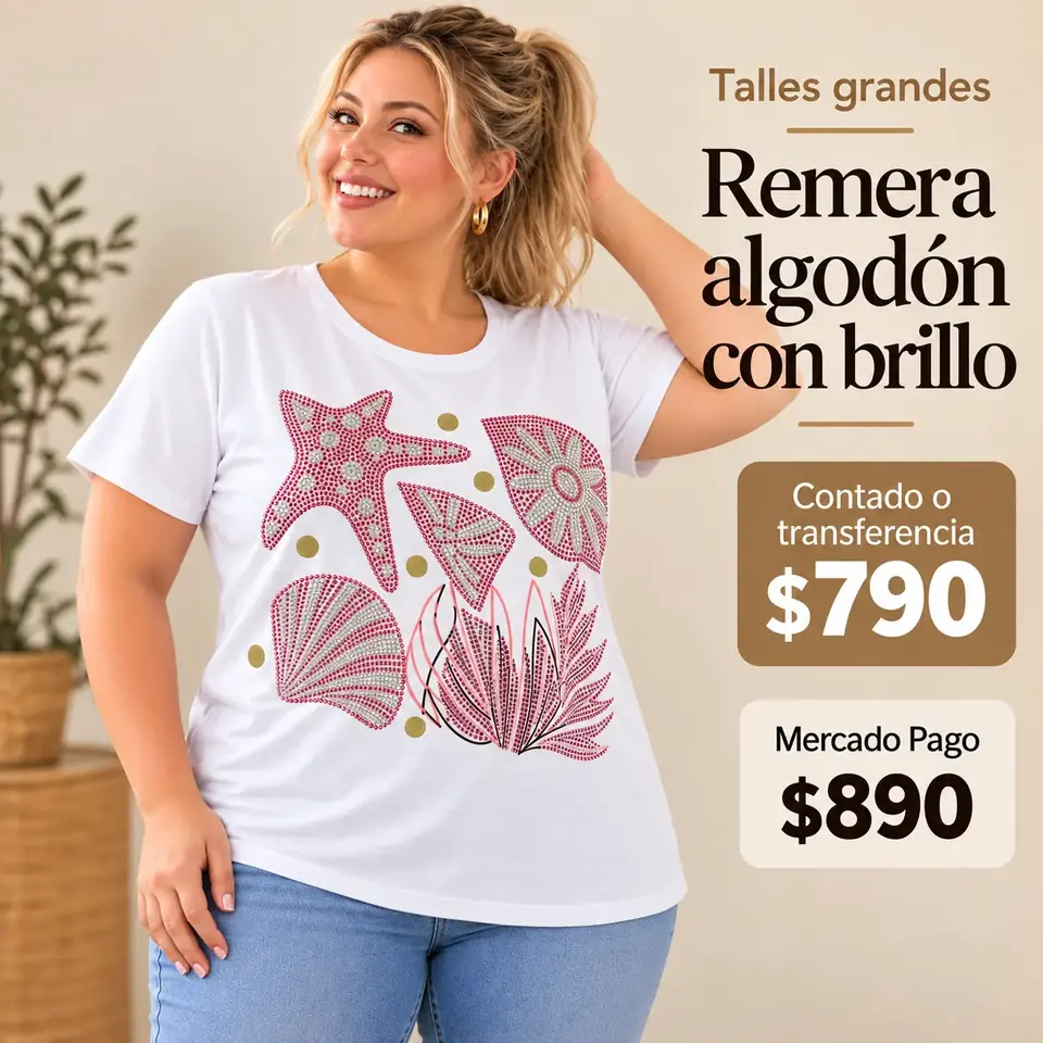 Remera de algodón talle 6/7XL - 140 cm contorno - blanca con brillos rosados