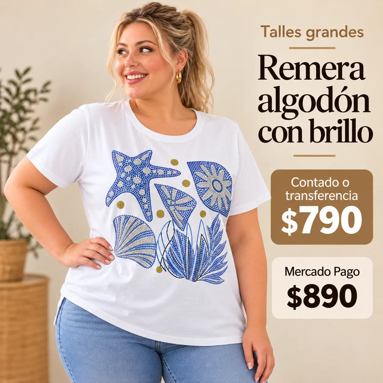 Remera de algodón talle 6/7XL - 140 contorno - blanca con brillos celestes