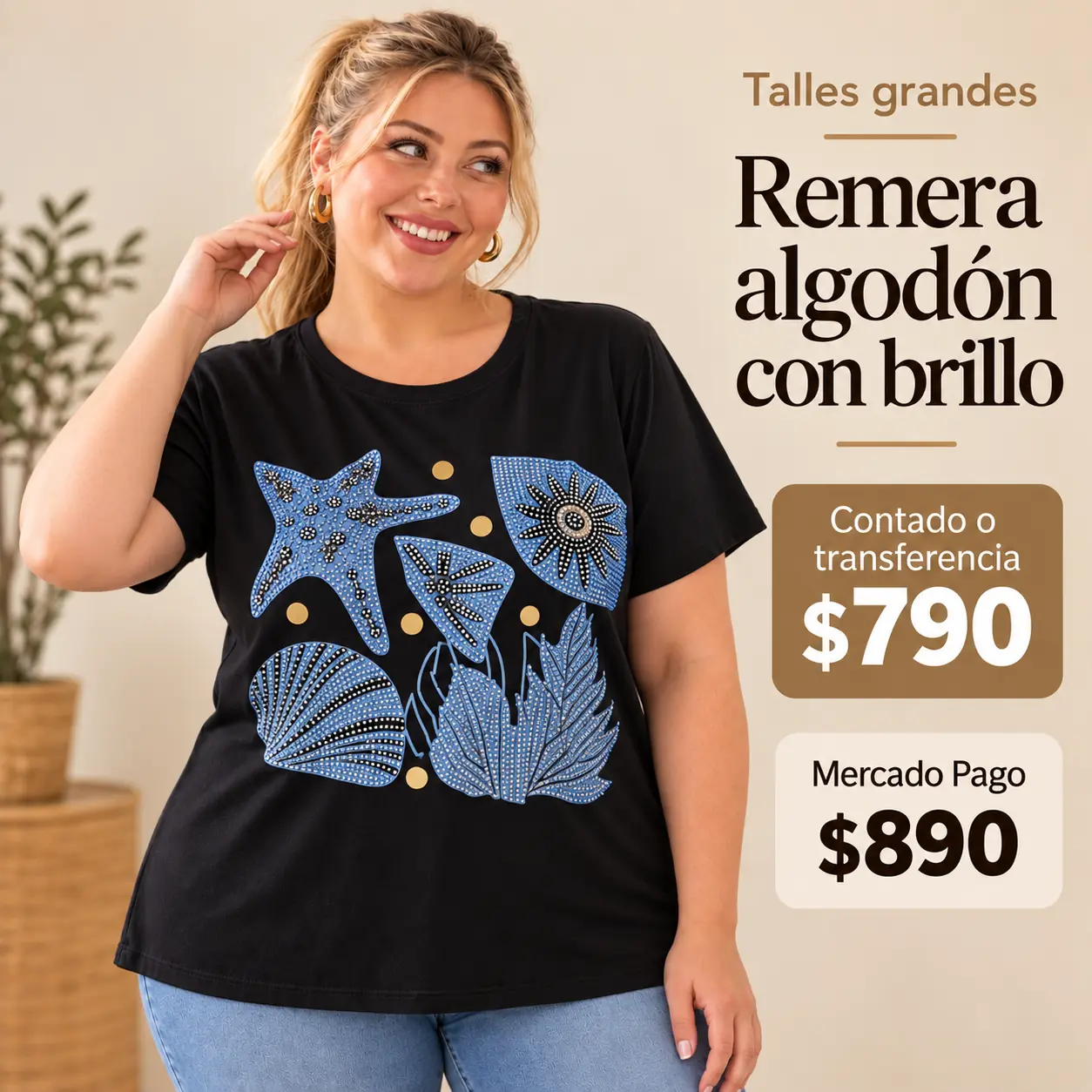 Remera de algodón talle 6/7XL - 140 cm contorno -negro y brillos celestes