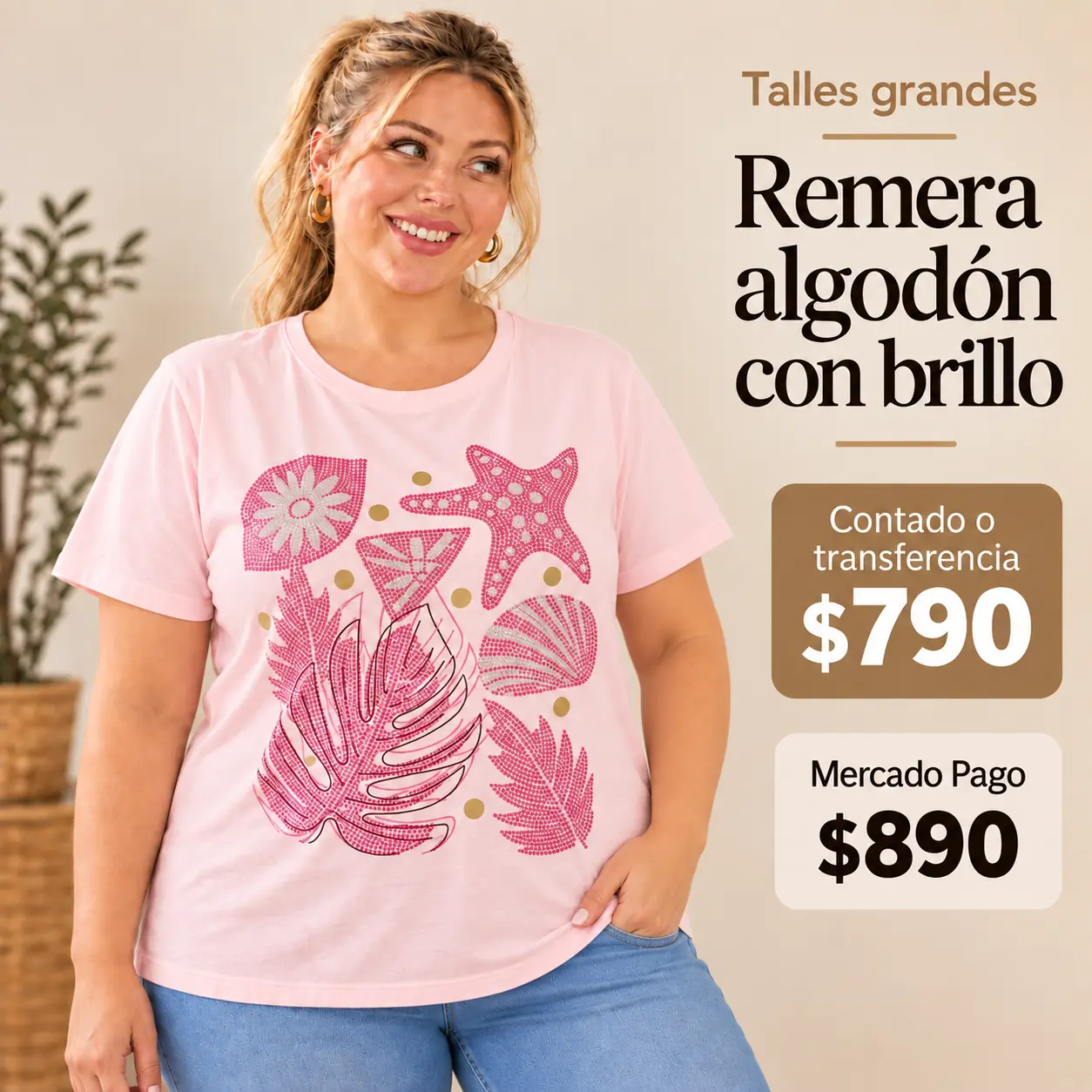 Remera de algodón talle 4/5XL - 130 contorno - rosa con brillos rosados