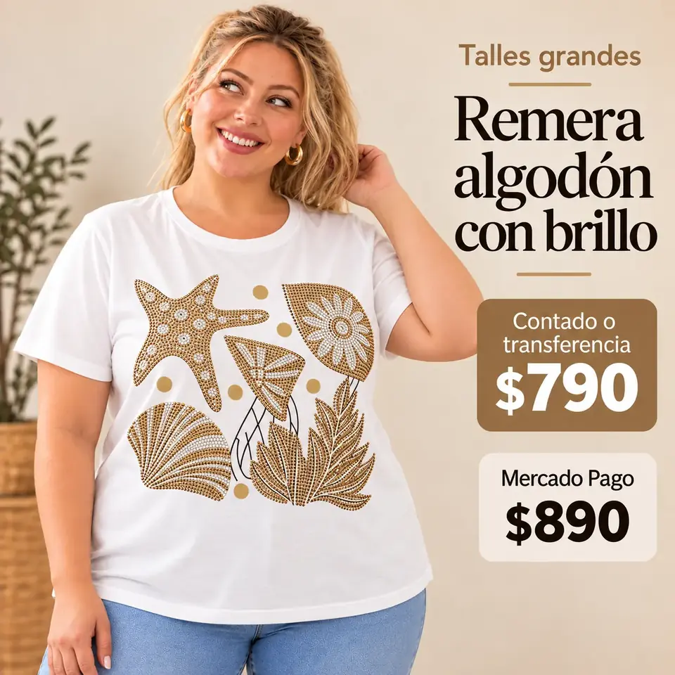 Remera de algodón talle 6/7XL - 140 cm contorno - blanca y brillos dorados