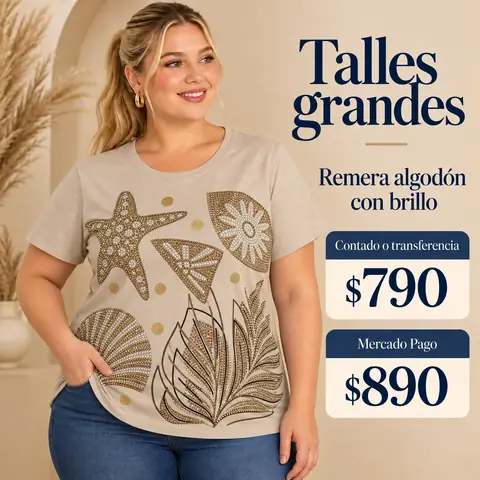 Remera de algodón talle 6/7XL - 140 cm contorno - beige tostado con brillos dorados
