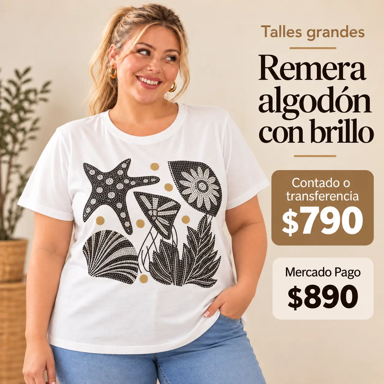 Remera de algodón talle 6/7XL - 140 cm contorno - blanca y brillos negros