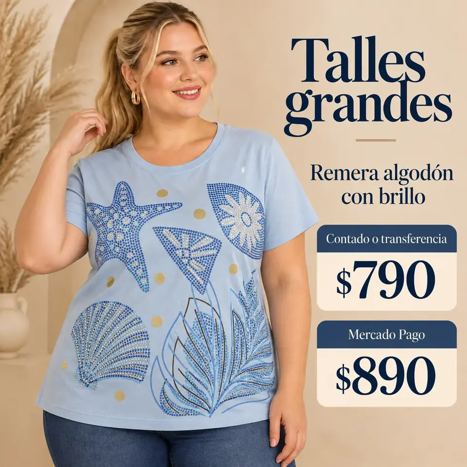 Remera de algodón talle 4/5XL - 130 cm contorno - celeste con brillos celestes
