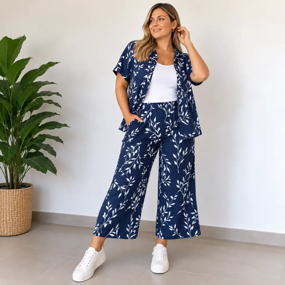 Conjunto estampado – Camisa + Pantalón Tobillero azul