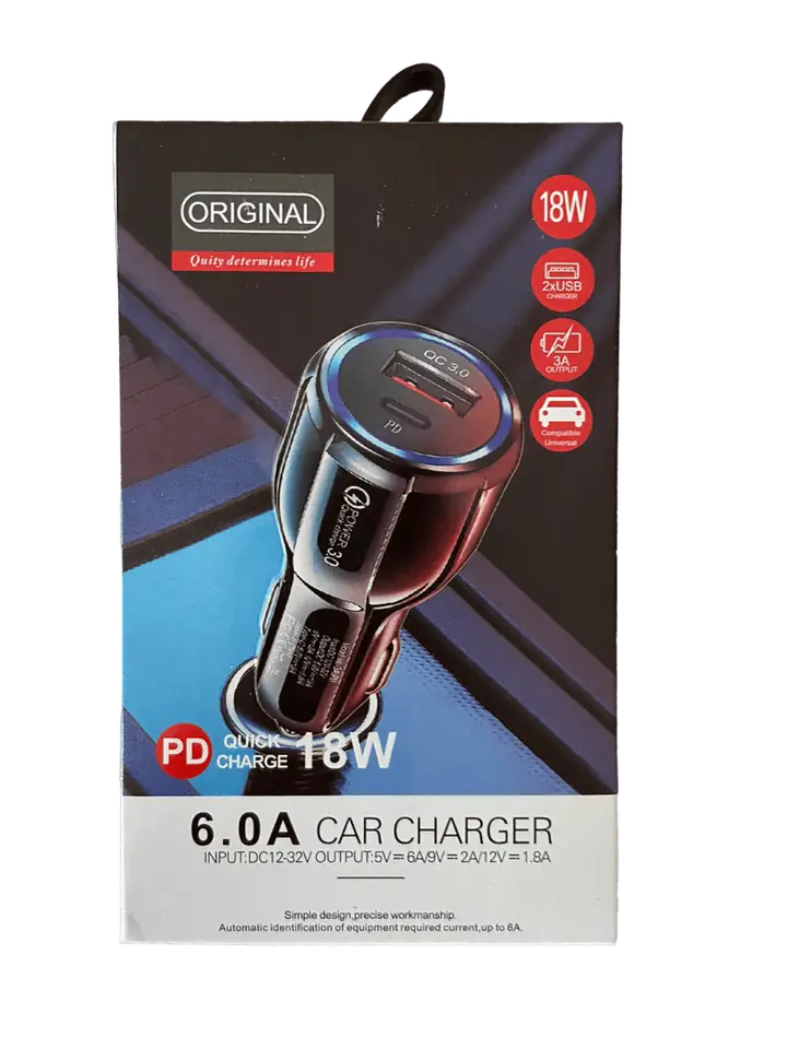 Cargador De Auto Tipo C 18w + Usb A Qc 3.0 Carga Rapida Color Negro