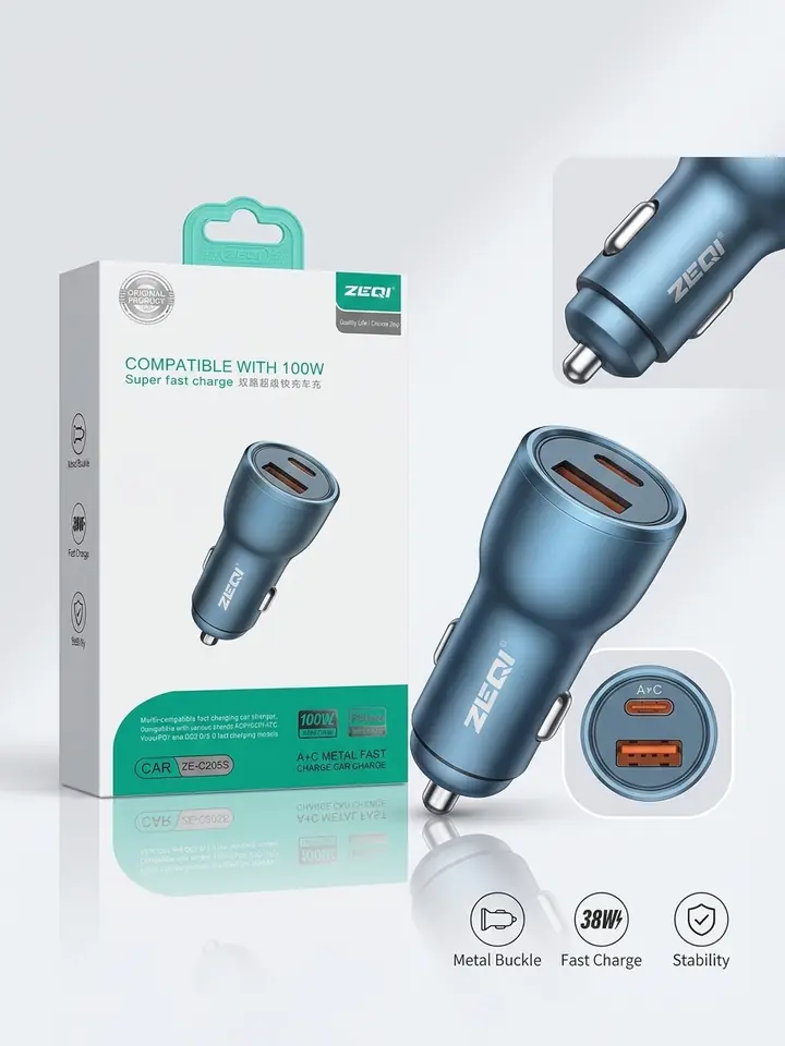 Cargador de Auto Metálico ZEQI 100W Ultra Rápido (USB + Tipo-C) - ZE-C205S