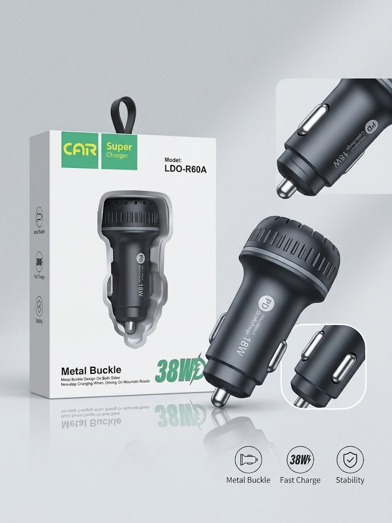 Cargador Auto Carga Rápida 38W Dual (PD + QC 3.0) Metal Buckle