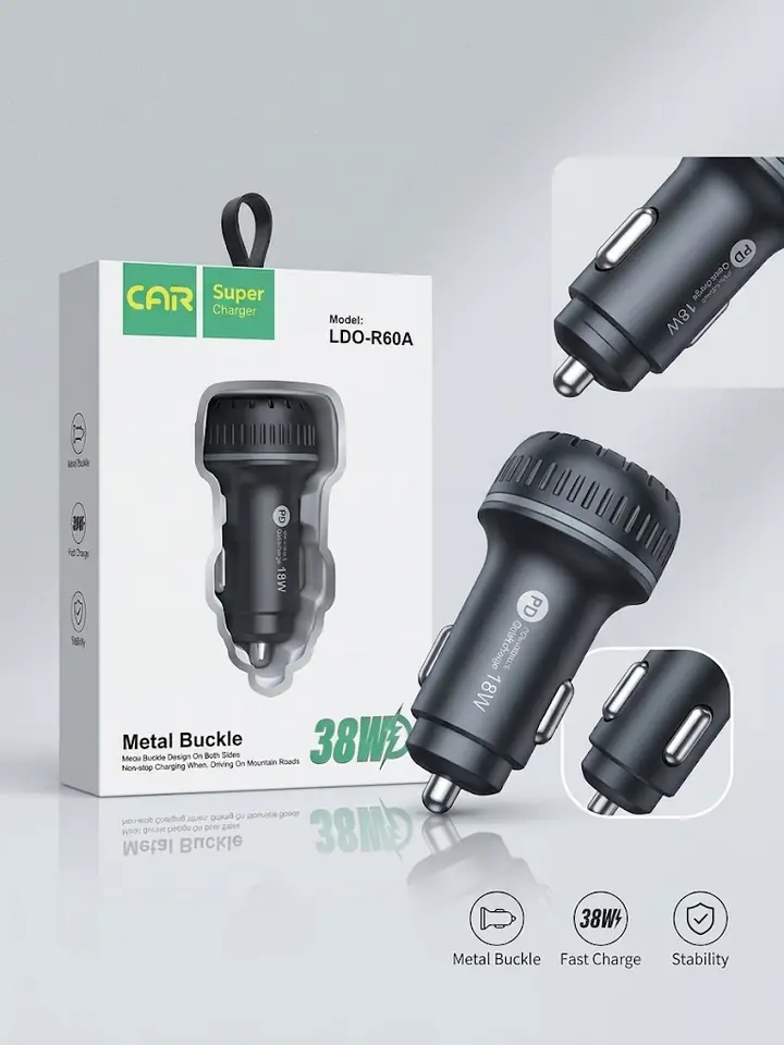 Cargador Auto Carga Rápida 38W Dual (PD + QC 3.0) Metal Buckle