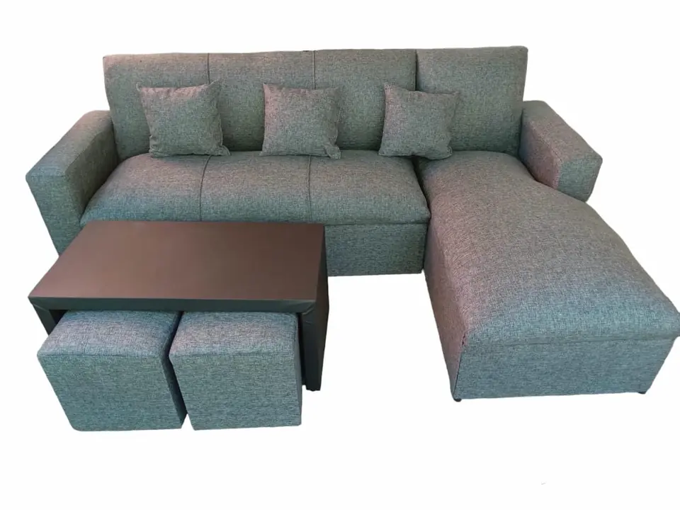 Sofá Chaise Longue + mesa + 2 puffs