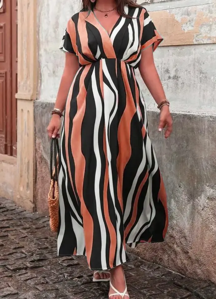 Vestido largo lineas naranja,negro y blanco