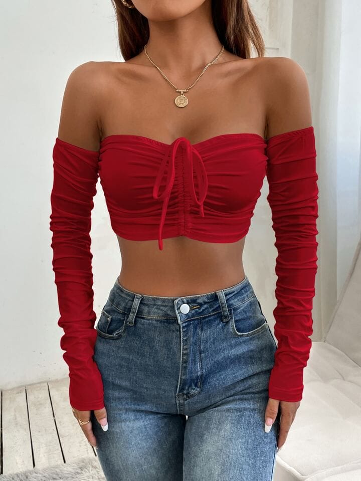 Top rojo fruncido mangas fruncidas