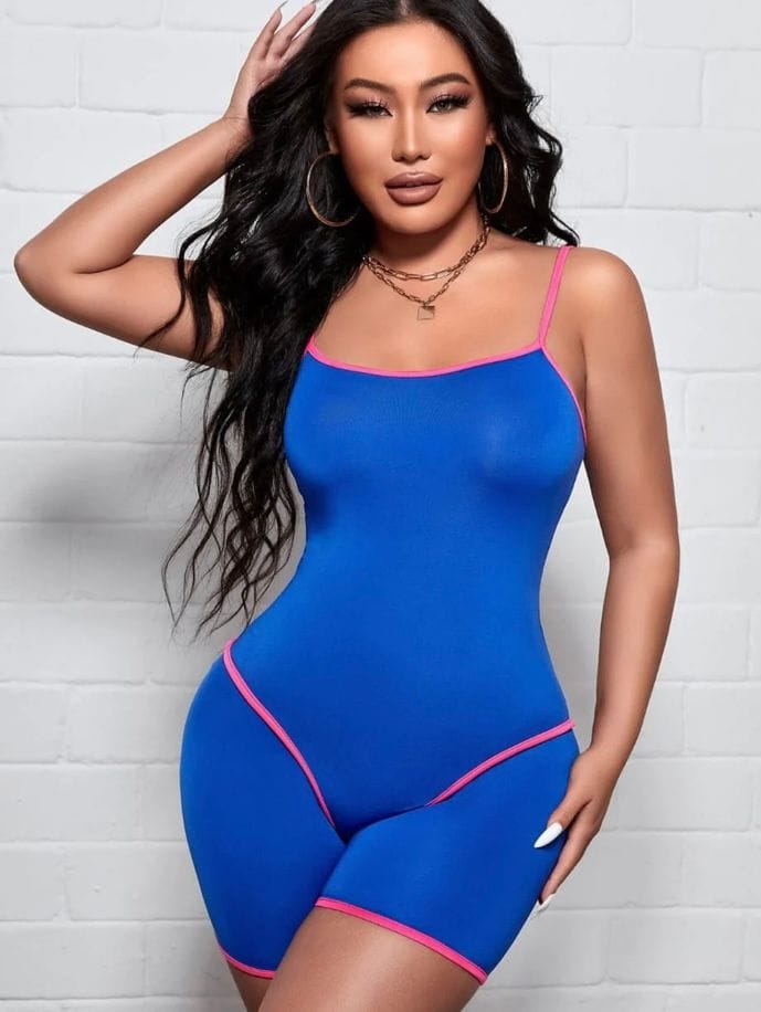 Catsuit azul bordes rosas