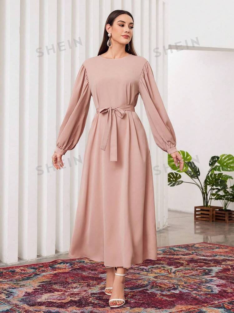 Vestido rosa palido largo mangas abullonadas