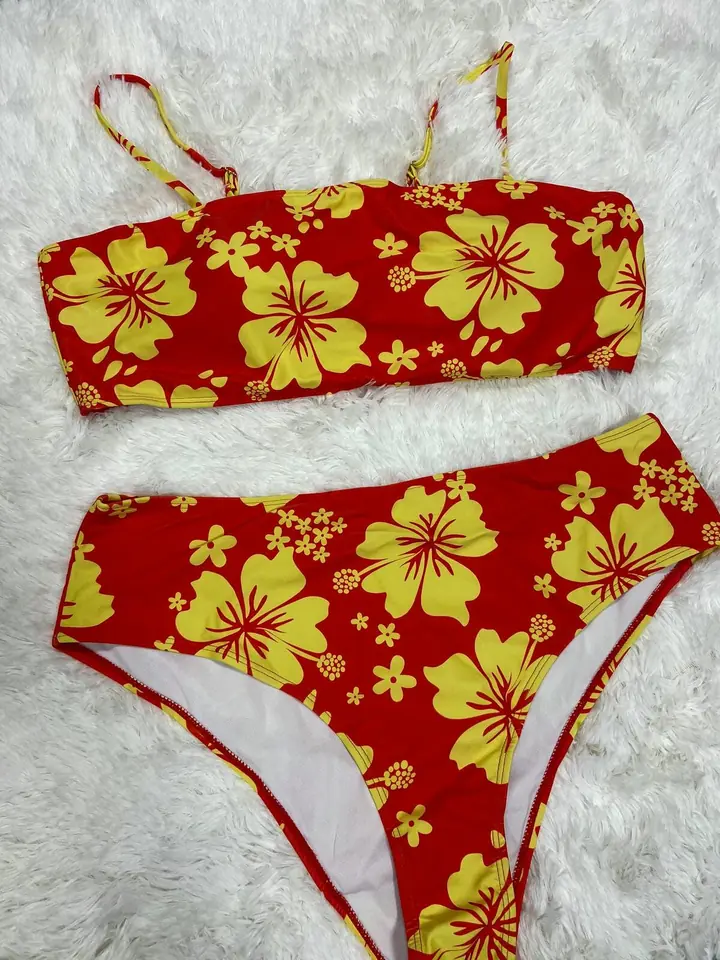 Bikini malla bandeau anaranjado rojizo con flores amarillas PS