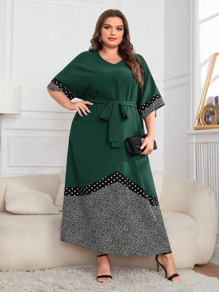 Vestido verde largo con negro y puntos con lazo