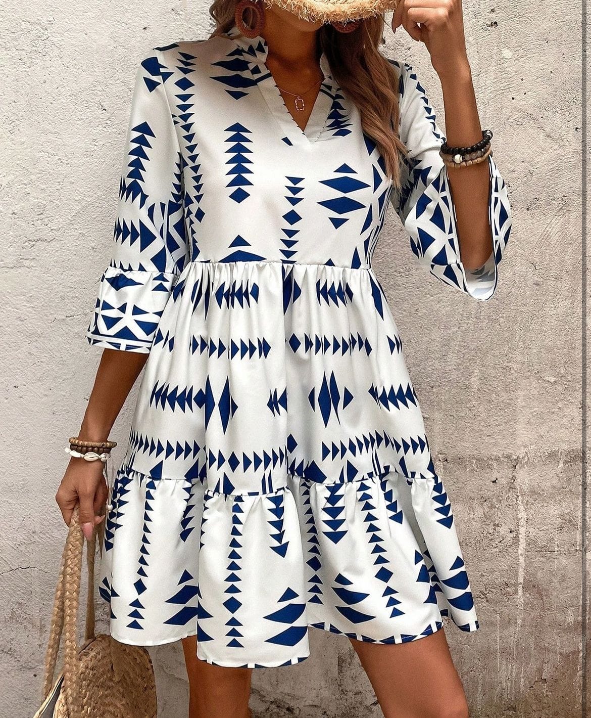 Vestido blanco con rombos azules manga 3/4