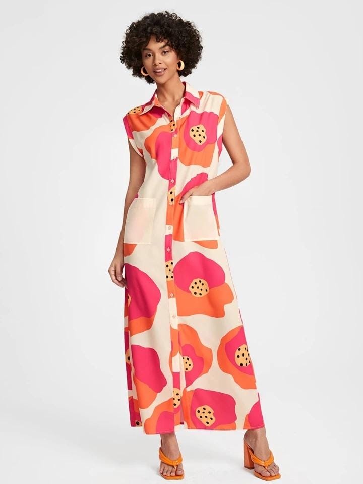 Vestido largo abotonado con flores naranjas y rosas