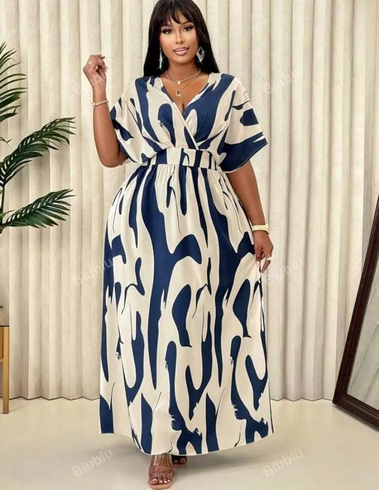 Vestido largo blanco ondas azules