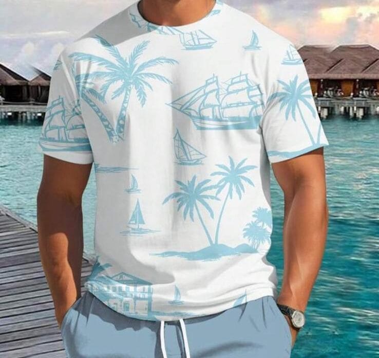 Remera blanca palmeras celestes