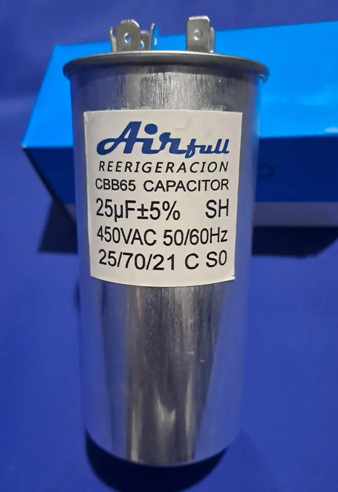 CAPACITOR CBB65 25μF CARCASA DE ALUMINIO TIPO ORIGINAL.  4 PINES DE UN LADO 2 DEL OTRO