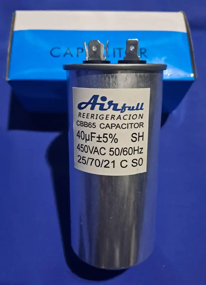 CAPACITOR CBB65 40μF CARCASA DE ALUMINIO TIPO ORIGINAL.  4 PINES DE UN LADO 2 DEL OTRO