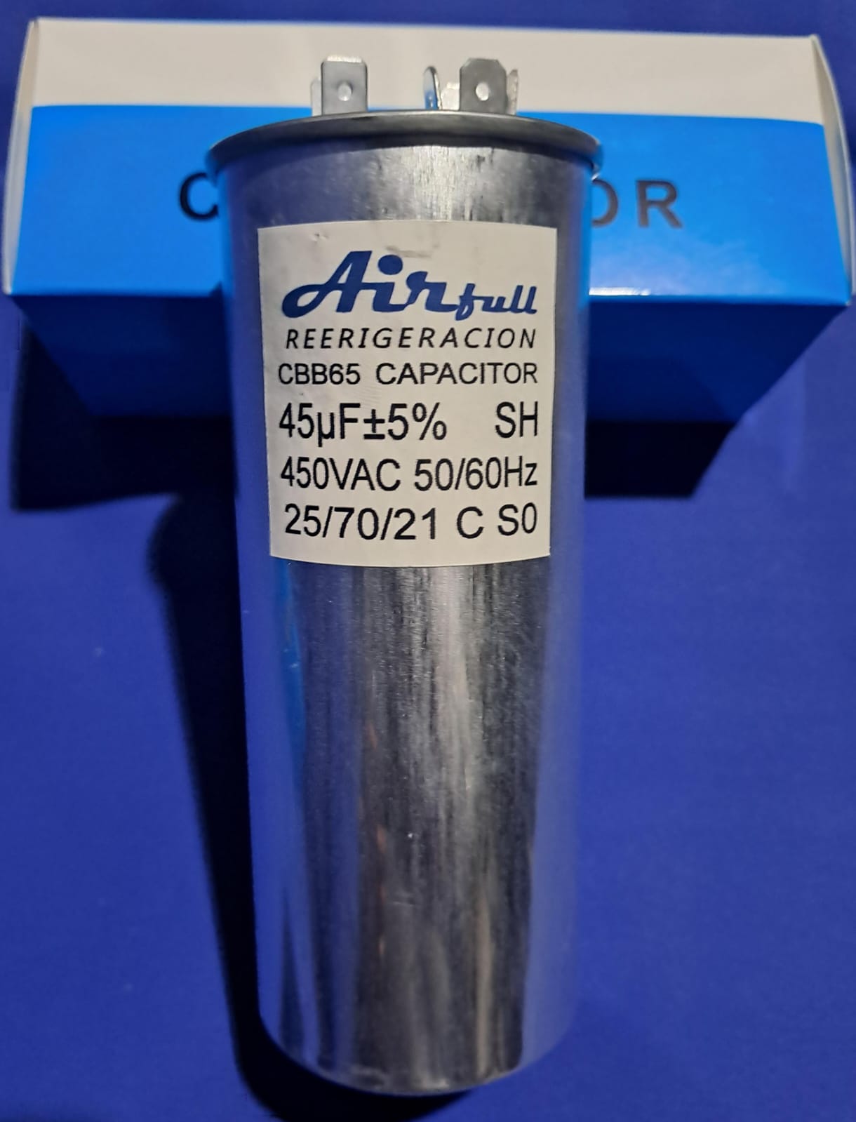 CAPACITOR CBB65 45μF CARCASA DE ALUMINIO TIPO ORIGINAL.  4 PINES DE UN LADO 2 DEL OTRO