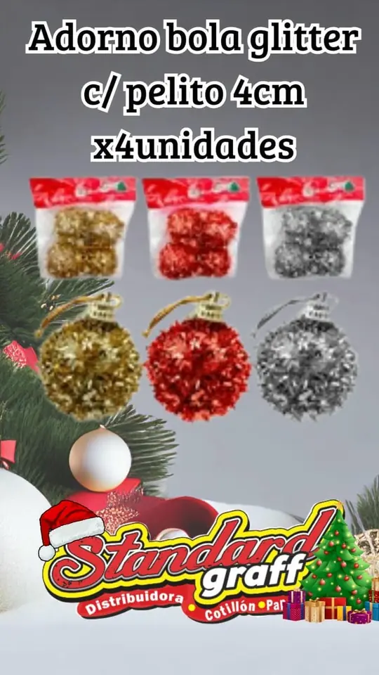 Adorno navidad Bola de glitter con pelitos 4cm - paquete x4 un.