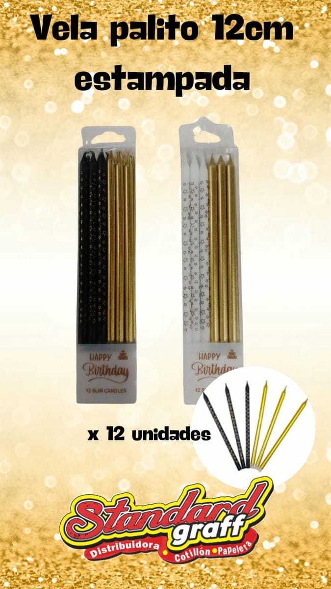 Vela palito estampada 12cm - x12un. blanco y negro x1