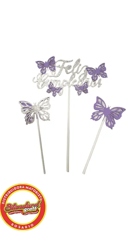 Toppers para torta Mariposas con brillo Plata/Violeta
