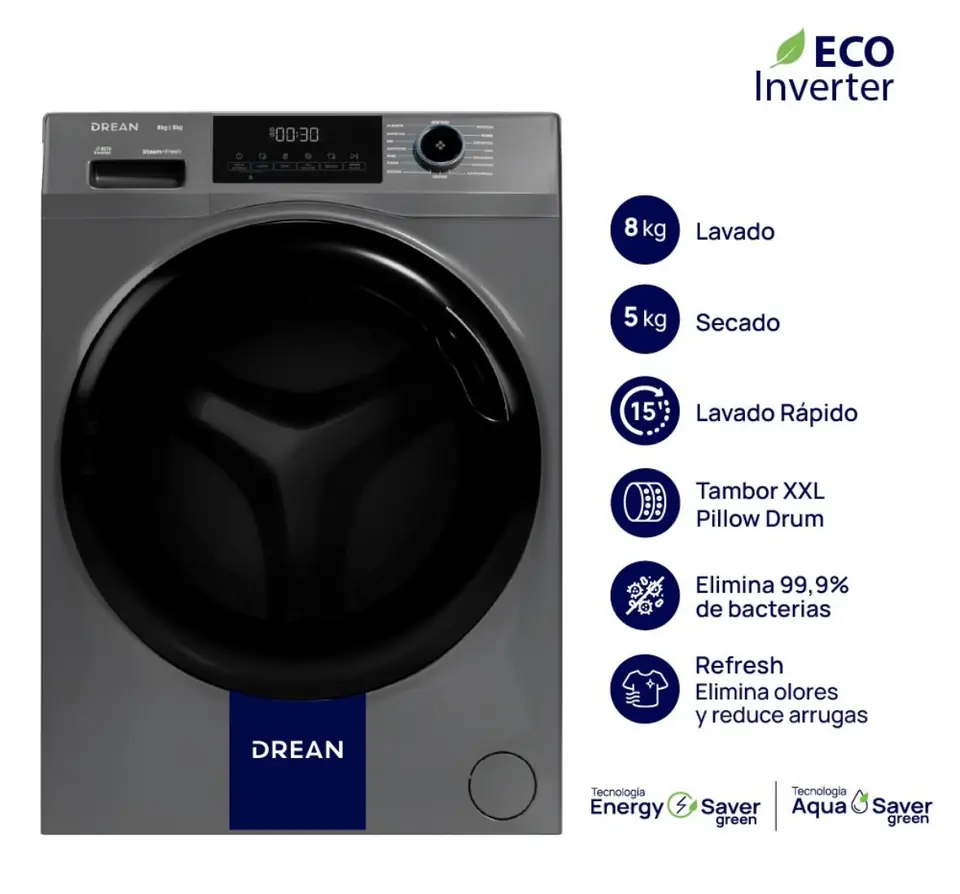 !!ATENCION OFERTA LIMITADA!! Lavasecarropas Carga Frontal Ecoinverter 8 Kg Gris Drean Lscdr0805sg0 - DREAN