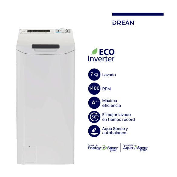 Lavarropas Drean Carga Superior Ecoinverter 7 Kg 1400 Rpm