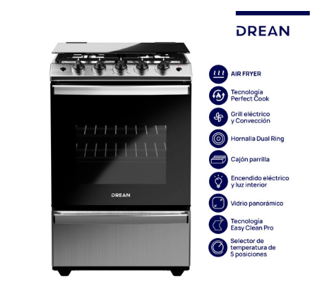 ¡Gran Barata! Cocina Multigas 56 cm Inoxidable con Air Fryer Drean - CD5617AI0 outlet