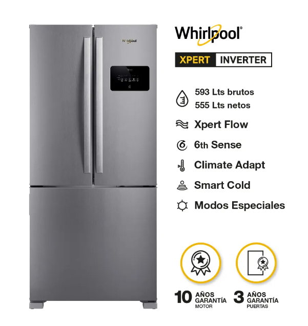 Heladera No Frost Whirlpool Xpert WRO85MK 593Lts French Door Inverter Acero outlet