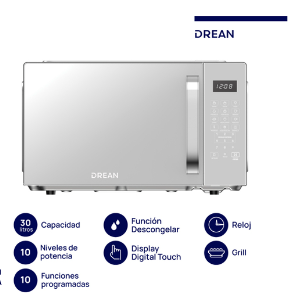 Microondas Digital con Grill 30 L Inox Drean - HMD30ARSJ0