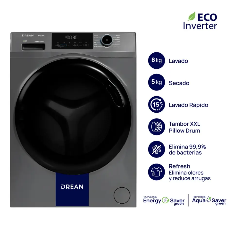 Lavasecarropas DREAN 8 Kg / 5 Kg Ecoinverter 1400 RPM Gris PRIMERA - LSCDR0805SG0
