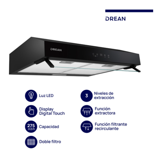 Purificador extractor de 60 cm Negro Drean - CUDR604NA OUTLET