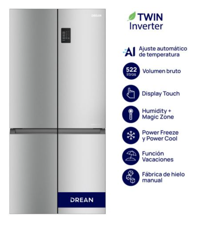 Heladera T-Door Twin Inverter con IA 522 L Inox Drean - DTP469LKRSS0 OUTLET